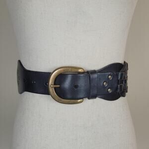 Gap Belt Womens Large Black Leather Wide Woven Plaited Waist Brass Buckle Boho
